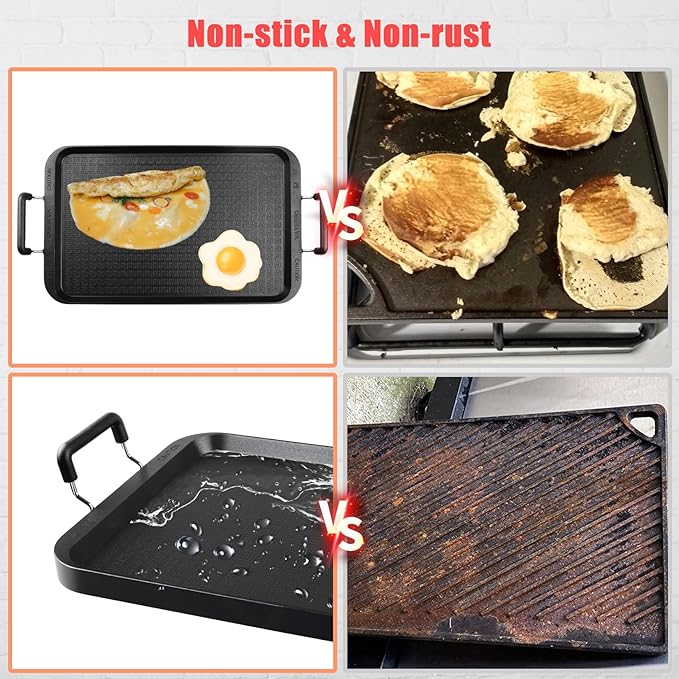 Vayepro 2-Burner Griddle Pan with Glass Lid - Nonstick Stovetop Griddle for Gas, Glass Stove Top - Aluminum Camping Grill Pan for Pancakes, Eggs, Breakfast