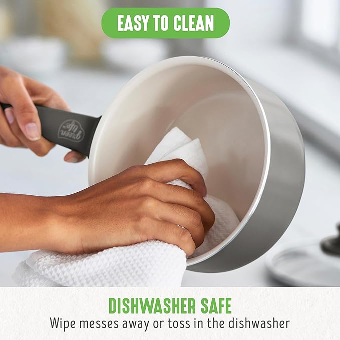 GreenLife 16 Piece Nonstick Cookware Set, Soft Grip Non-Toxic PFAS-Free Ceramic Pots & Pans, Dishwasher & Oven Safe, Frying, Sauce, Saute, Utensils, Glass Lids, Stay-Cool Handles, Wobble Free, Gray