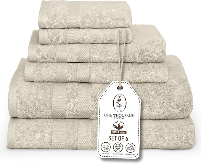 Premium Staple Cotton Bathroom Towel Set - Beige 600 GSM 6-Piece Luxury Bath Towel Set 3 Stripe - 2 Bath Towels, 2 Hand Towels & 2 Washclothes Set - High Absorbent & Quick Dry for Gym, Spa, Hotel