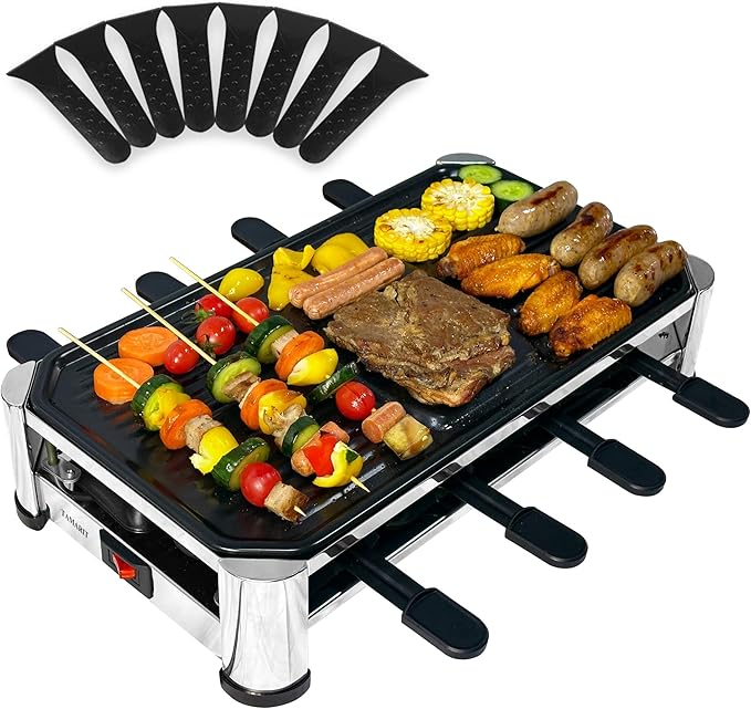 TAMARIT 8-Person Raclette Grill, Electric Party Grill with Nonstick Plate, 8 Pans and Spatulas, 1500 W (Indoor), Stainless Steel