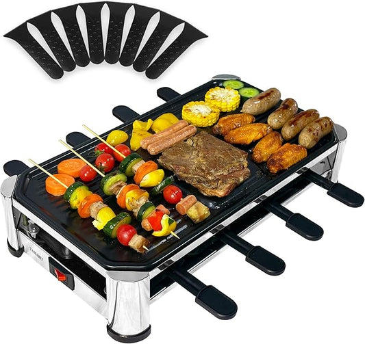 TAMARIT 8-Person Raclette Grill, Electric Party Grill with Nonstick Plate, 8 Pans and Spatulas, 1500 W (Indoor), Stainless Steel