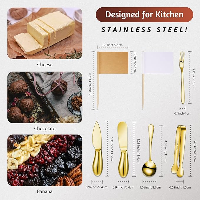 Patelai Charcuterie Board Accessories Cheese Spreader Knife Set Charcuterie Utensils Butter Knife Stainless Steel Mini Serving Tongs Spoons Appetizer Forks for Pastry Christmas(Golden,18 Pieces)