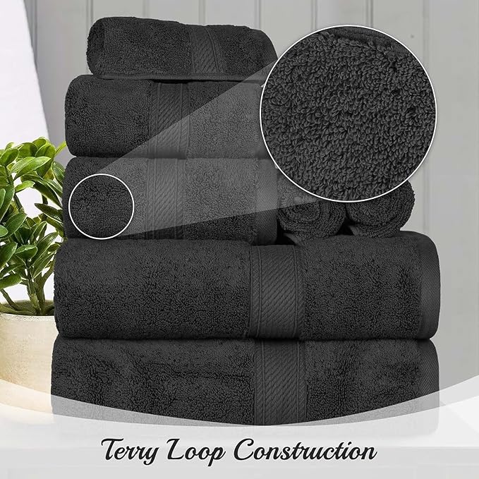 Superior Egyptian Cotton Pile Bath Towel Set of 4, Ultra Soft Luxury Towels, Thick Plush Essentials, Absorbent Heavyweight, Guest Bath, Hotel, Spa, Home Bathroom, Shower Basics, Black