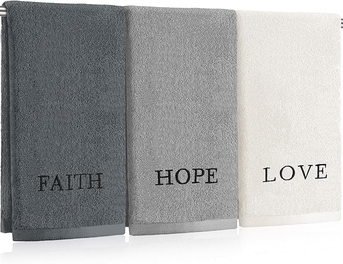3 Pcs Faith Hope Love Farmhouse Decorative Hand Towels for Bathroom and Kitchen Rustic Embroidered 100% Cotton Hand Towels Decorative Set for Boho Bathroom Decor