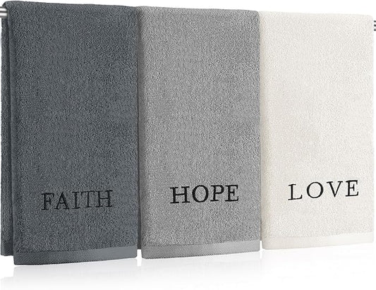 3 Pcs Faith Hope Love Farmhouse Decorative Hand Towels for Bathroom and Kitchen Rustic Embroidered 100% Cotton Hand Towels Decorative Set for Boho Bathroom Decor