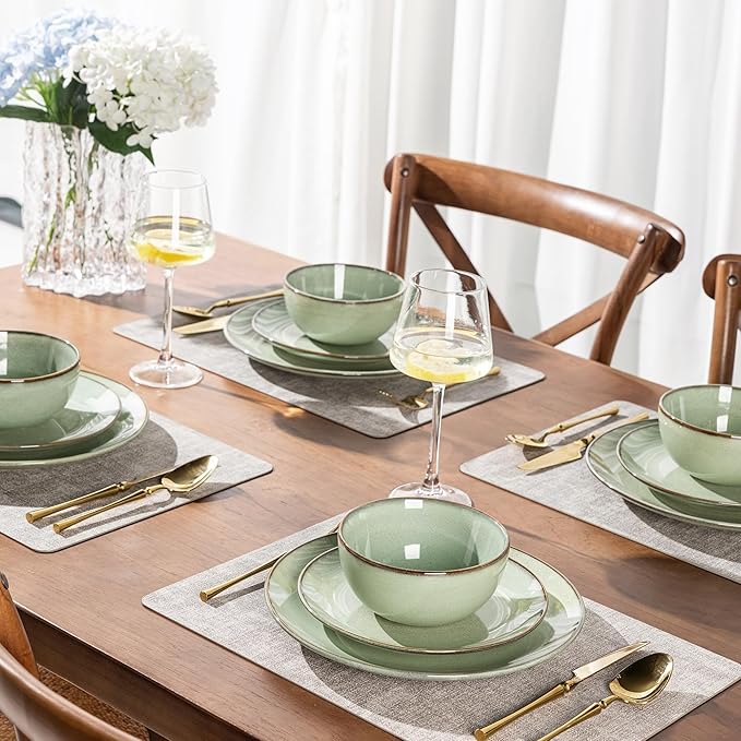 GBHOME Ceramic Dinnerware Sets for 4, 12 Pieces Stoneware Plates and Bowls Sets, Reactive Glaze Dishes -Scratch Resistant, Dishwasher&Microwave Safe-Pastel Green