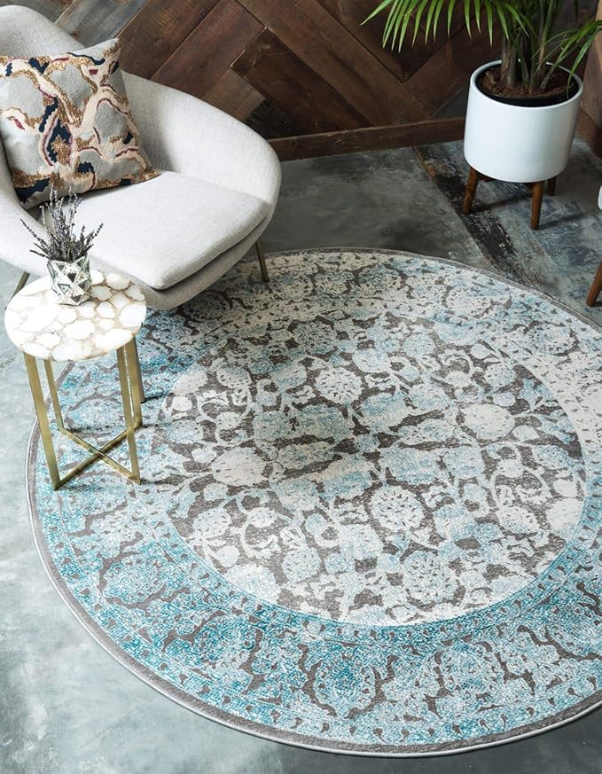 Unique Loom Traditional Classic Intricate Design with Distressed Vintage Detail, Area Rug, 4' 0" x 4' 0", Blue/Gray