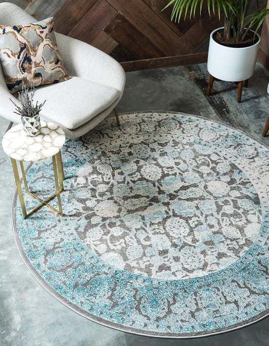 Unique Loom Traditional Classic Intricate Design with Distressed Vintage Detail, Area Rug, 6' 0" x 6' 0", Blue/Gray
