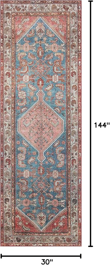 Loloi Layla Collection LAY-10 Marine/Clay 2'-6" x 12'-0" .13" Thick Runner Rug, Soft, Durable, Vintage Inspired, Distressed, Low Pile, Non-Shedding, Easy Clean, Printed, Living Room Rug