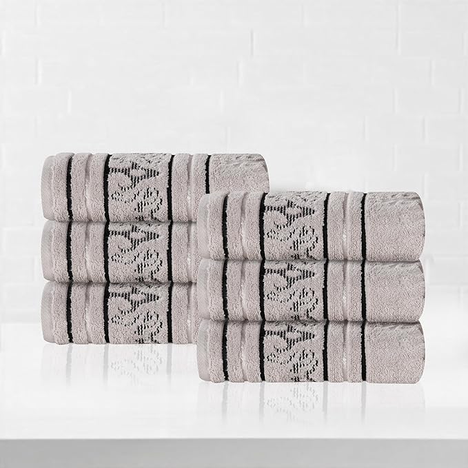 Superior Cotton Hand Towel Set, Small Towels, Plush Soft Absorbent Bathroom Basics, Home Essentials, Spa, Salon, Hotel, Kitchen, Luxury Quick Drying, Zero-Twist, Jacquard Floral, Set of 6, Platinum