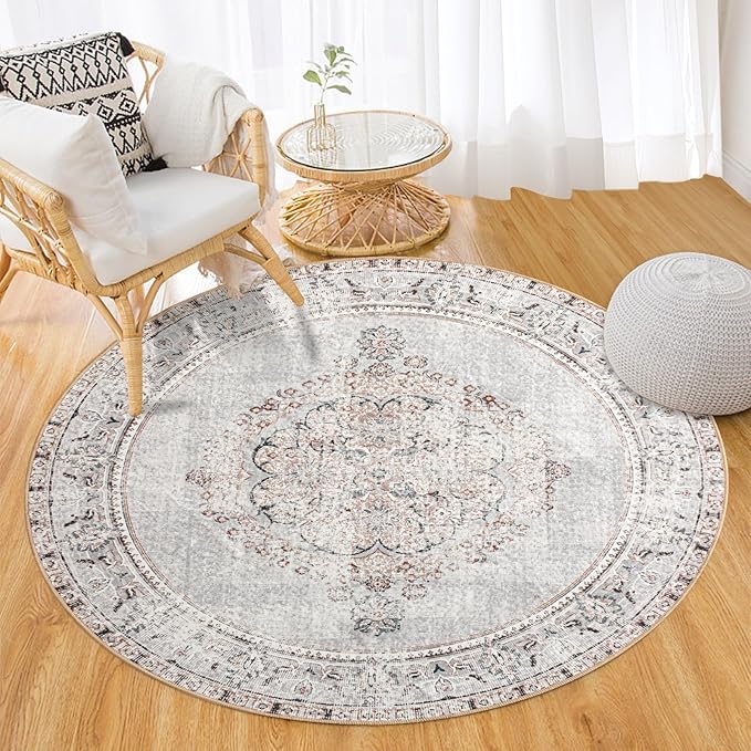 Easy-Going Round Area Rug 3ft Washable Boho Small Circle Rugs for Living Room Non-Slip Bedroom Rug Low Pile Lightweight Vintage Distressed Throw Rug for Dining Room Kitchen Home Office, Grey Brick