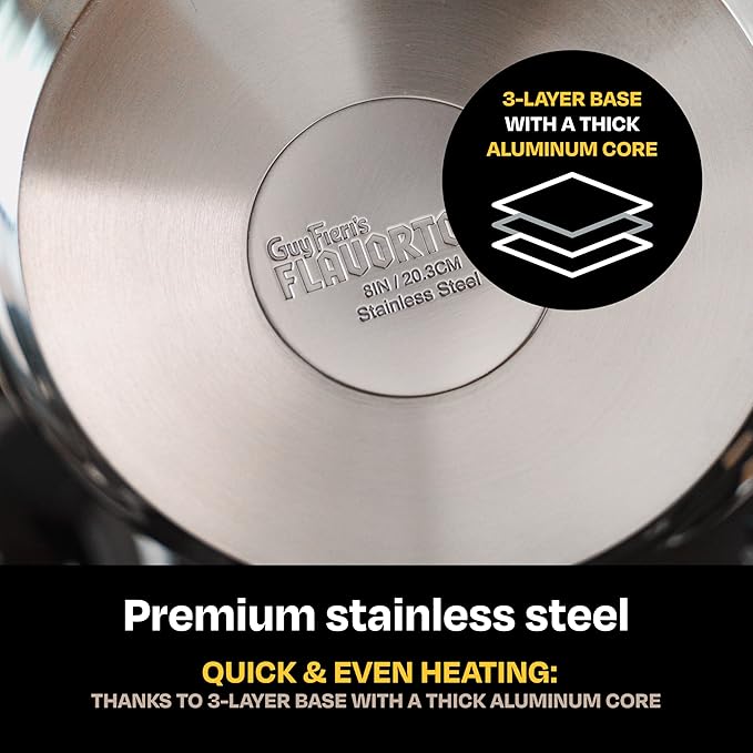 Guy Fieri's Flavortown 8-Quart Stainless Steel Stock Pot with Tempered Glass Lid - Kitchen Cookware with Tri-Ply Base, Oven & Dishwasher Safe, Compatible with Induction, Gas & Electric Stovetops