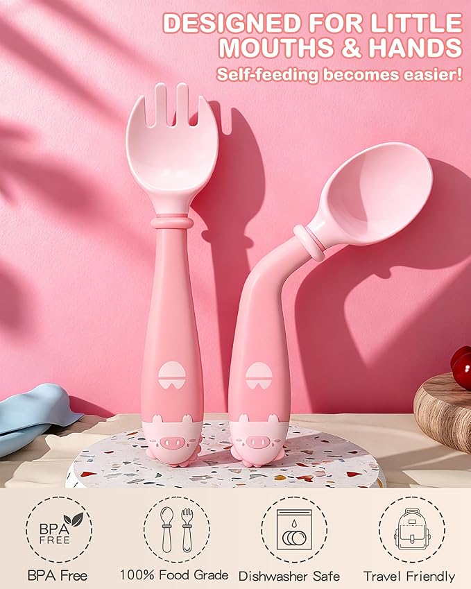 Deejoy Toddler Utensils with Travel Safe Case, Silicone Baby Spoons and Fork Set for Self Feeding, Toddlers Feeding Training Spoon, Easy Grip Heat-Resistant, Bendable Function (2 Sets, Green&Pink)