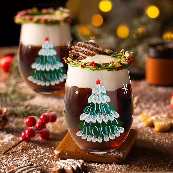 Joeyan Christmas Crystal Stemless Wine Glasses,Hand Painted Red or White Wine Glass Tumbler Cups,Large Green Xmas Tree and Snowflakes Patterned Drinking Glasses,Gift for Men Women Family,19oz,Set of 2