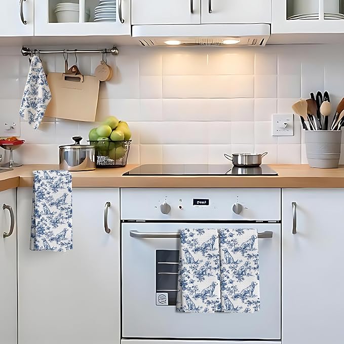 Chinoiserie Golden Retriever Kitchen Towels Set of 4,Blue and White Floral Golden Retriever Decorative Dish Tea Towels, Grandmillennial Botanical Dog Hand Towels for Kitchen Bathroom, 16x24 Inch