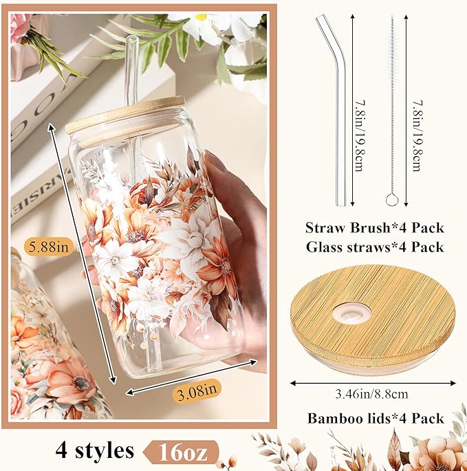Mumufy Gift for Women Cute Glass Cup Tumbler Flower Iced Coffee Mugs 16 oz Glass with Bamboo Lid & Straw, Mothers Day Birthday Gift for Mom Sister Bridesmaid Baby Shower(4 Pack,Fall Flower)