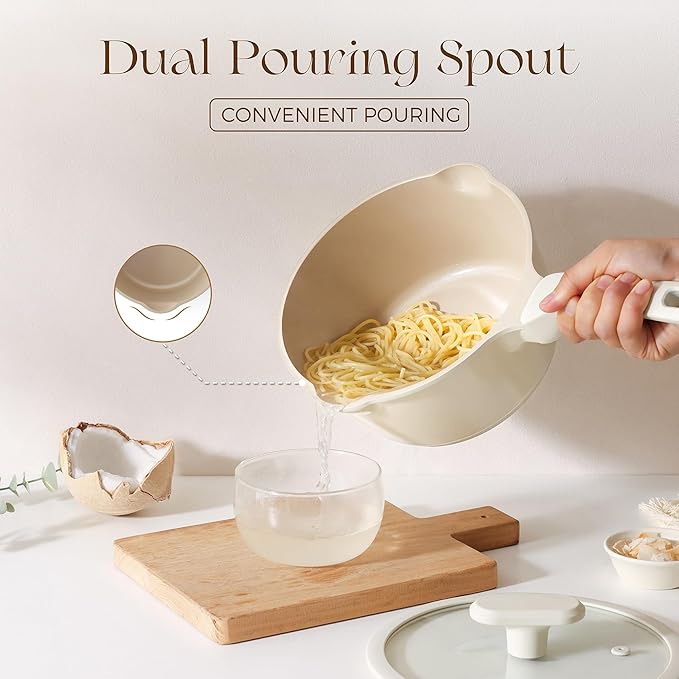 PRICUSIS Ceramic Nonstick Saucepan with Lid, 2.7 Quart Non Toxic Pot with Pour Spouts, Full Coated, 100% Dishwasher Safe, Induction Compatible & Oven Safe, PTFE PFAS & PFOA Free, Coconut White