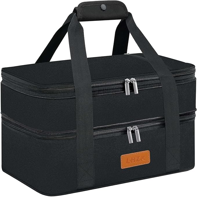 LHZK Double Insulated Casserole Carrier, Expandable Casserole Carriers for Hot or Cold Food, Insulated Food Carrier for Travel, Parties, Picnic, Fits 11 x 15 or 9 x 13 Baking Dish(Black)
