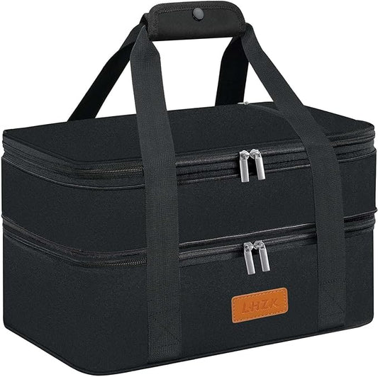 LHZK Double Insulated Casserole Carrier, Expandable Casserole Carriers for Hot or Cold Food, Insulated Food Carrier for Travel, Parties, Picnic, Fits 11 x 15 or 9 x 13 Baking Dish(Black)