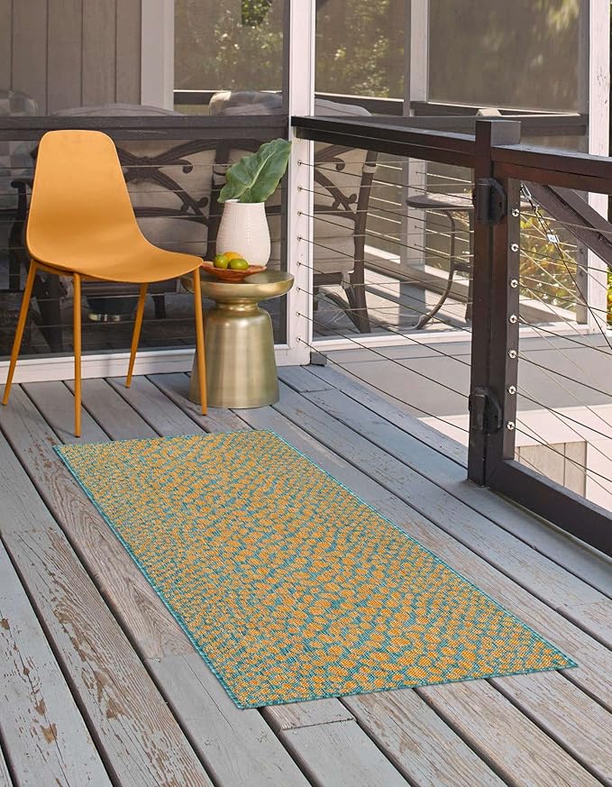 Jill Zarin Jill Zarin Outdoor Collection Area Rug - Cape Town (2' x 6' Runner Yellow and Aqua/Light Blue)