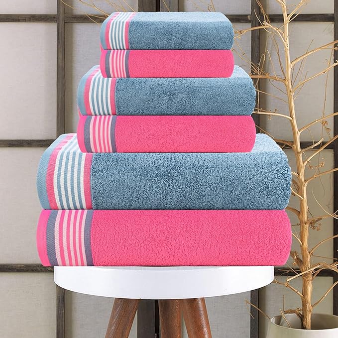CASA COPENHAGEN He & She 6 Pieces Towel Set- Dusty Blue + Pink, 550 GSM 2 Bath Towel 2 Hand Towel 2 Washcloth, Designed in Denmark Made of Soft Egyptian Cotton for Bathroom, Kitchen & Shower