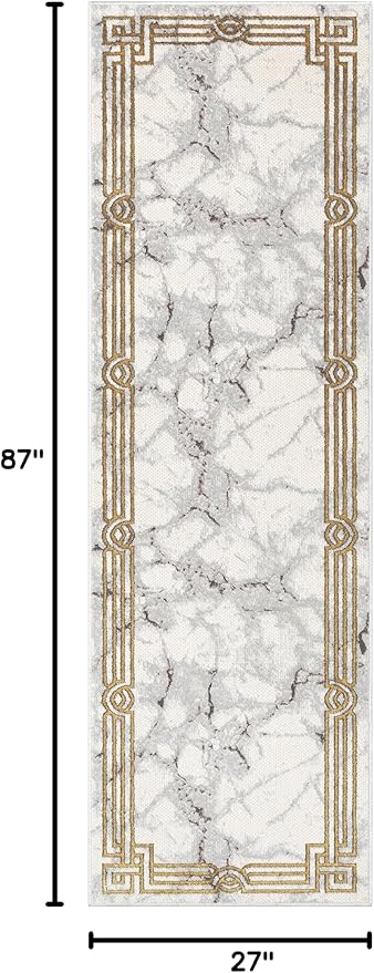 Well Woven Fairmont Collection Huntington Grey Gold & Ivory Marble Border Elegant & Soft 2x7 Runner Rug Perfect for Hallway & Bedroom Durable Stain Resistant & Easy to Clean