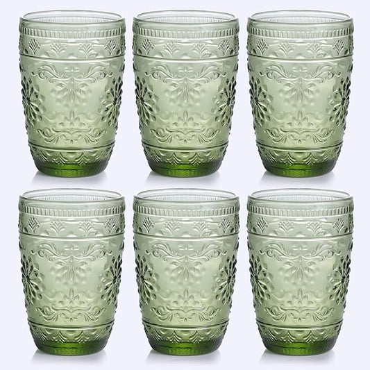 6Pcs 14OZ Drinking Glasses, Green Drinking Glasses, Colored Glassware Drinking, Highball Beverage Glasses Cup, Vintage Glassware Set for Water, Juice, Cocktail, Coffee
