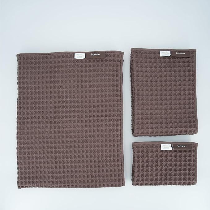 Luxury Organic Japanese Cotton Waffle Bath Towel | Thick, Absorbent, Quick Dry Bathroom Towels for Shower, Sauna, Onsen| Hotel & Spa Quality, Gift-Ready (Dark Cocoa, Bath Sheet Set (3-Piece))