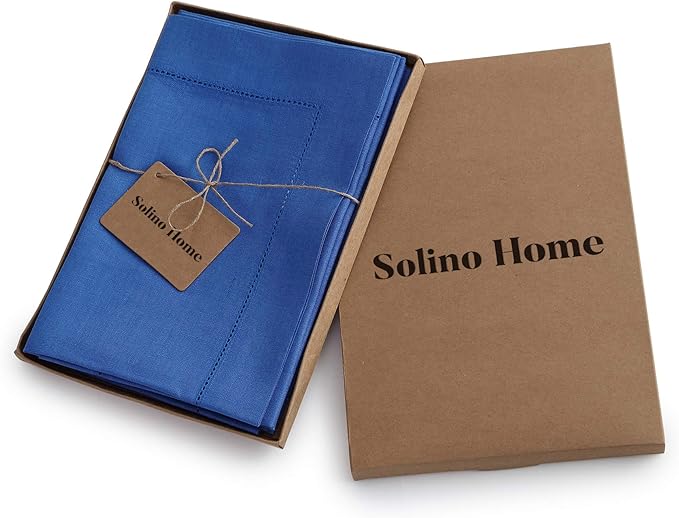 Solino Home Linen Napkins Set of 4 - Classic Hemstitch 100% Pure Linen Royal Blue Dinner Napkins Cloth 20 x 20 Inch - Handcrafted and Machine Washable - Holiday, Winter, New Year