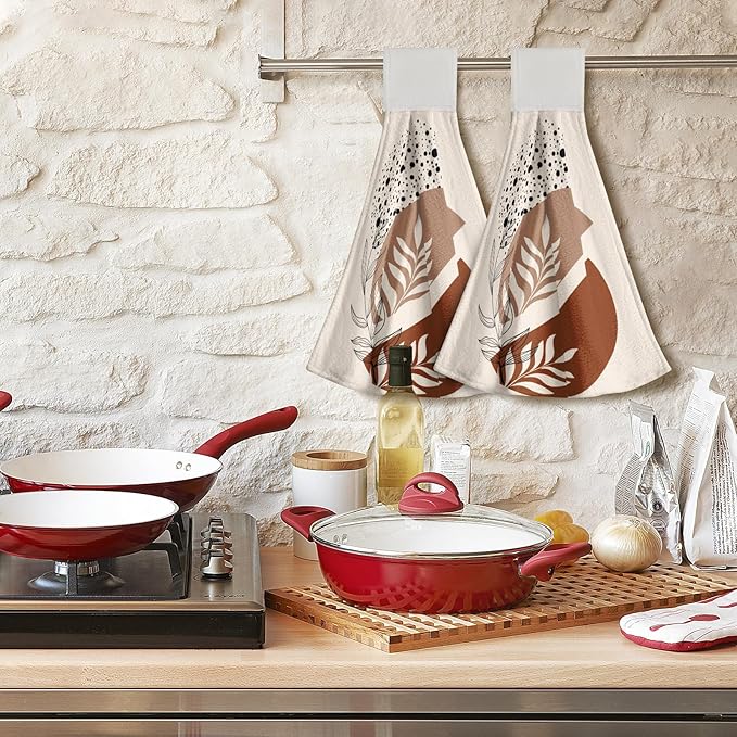 Giwawa Brown Boho Kitchen Hand Towels 2 Pieces Abstract Orange Hanging Tie Towels with Loop Soft Dishcloth for Bathroom Restroom Home Decor