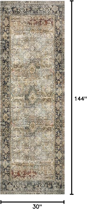 Loloi Layla Collection LAY-03 Olive/Charcoal 2'-6" x 12'-0" .13" Thick Runner Rug, Soft, Durable, Vintage Inspired, Distressed, Low Pile, Non-Shedding, Easy Clean, Printed, Living Room Rug