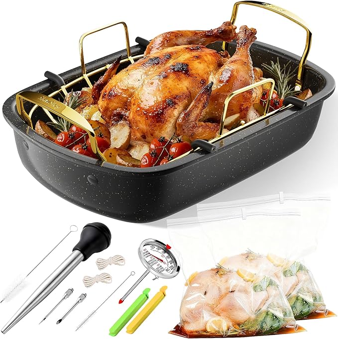 Turkey Roasting Pan, 17x13 Inch Nonstick Roaster with Removable Rack, Turkey Baster, Meat Thermometer, Turkey Brine Bags, Roaster Pan for Roasting Turkey, Meat & Vegetables (Black&Gold)