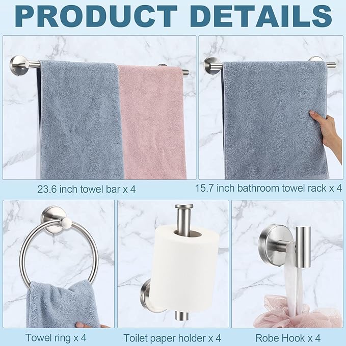 Gisafai 20 Pcs Bathroom Hardware Set, 23.6 Inch Brushed Towel Bar Ring Toilet Paper Holder Robe Towel Hook, Sus304 Stainless Steel Bathroom Accessory Set Wall Mounted (Silver)