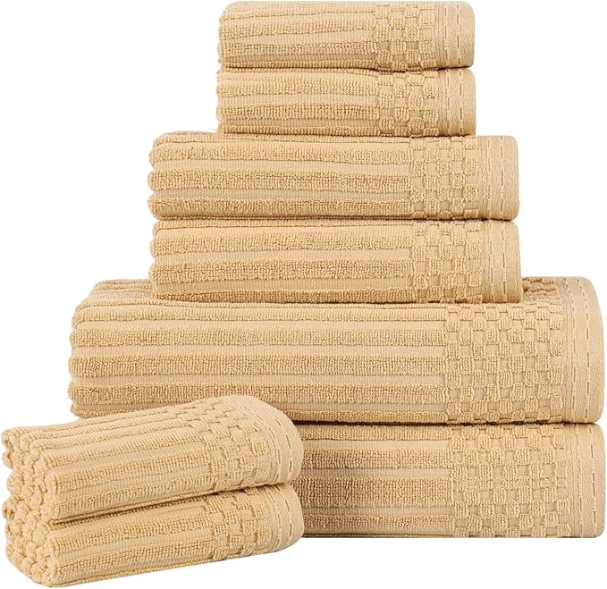 Superior 8 Piece Cotton Towel Set, Includes 2 Bath Towels, 2 Hand Towels, 4 Face Towel/Washcloths, Daily Use for Bathroom, Guest Bath, Ribbed, Absorbent, Home Essentials, Soho Collection, Gold