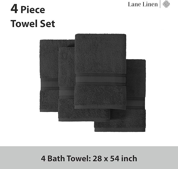 LANE LINEN 100% Cotton Bath Towels 4 Pack (28"x54") - Zero Twist, Mercerized Cotton Large Towel Set for Bathroom - Quick Dry, Soft & Absorbent Large Bath Towel Set - Oeko Tex Certified - Black Towels