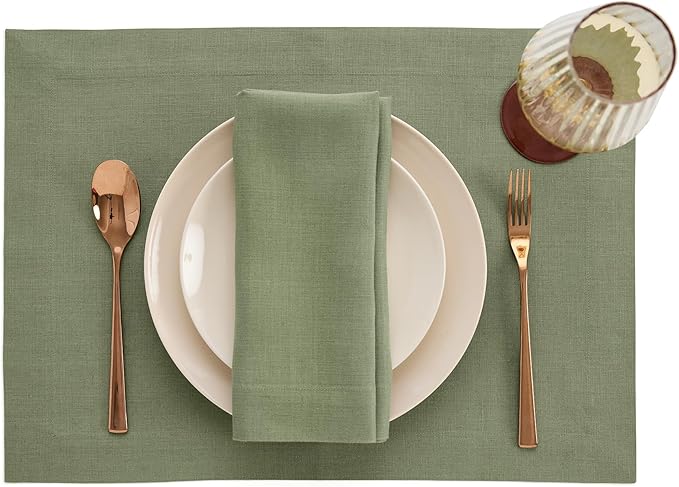 Solino Home Linen Cloth Placemats Set of 4 - 100% Pure Linen Oil Green Placemats 14 x 19 Inch for New Year - Fete
