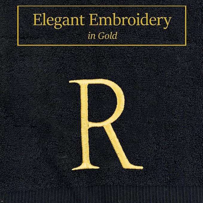 Gold and Black Monogrammed Hand Towel - Monogram Initial Hotel Quality Decorative Embroidered Luxury Towel for Powder Room, Spa - GOTS Organic Certified - Pack of 2, Letter R