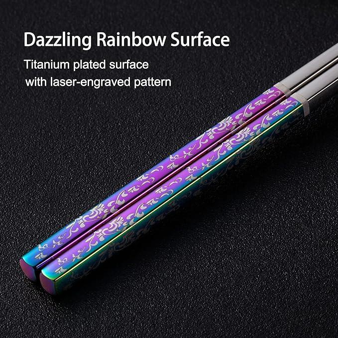 Metal Chopsticks Reusable Dazzling Rainbow Stainless Steel Chopsticks Titanium Plated Dishwasher Safe Fancy Laser Engraved Korean Japanese Chop Sticks Multicolor 2 Pairs Gift Set