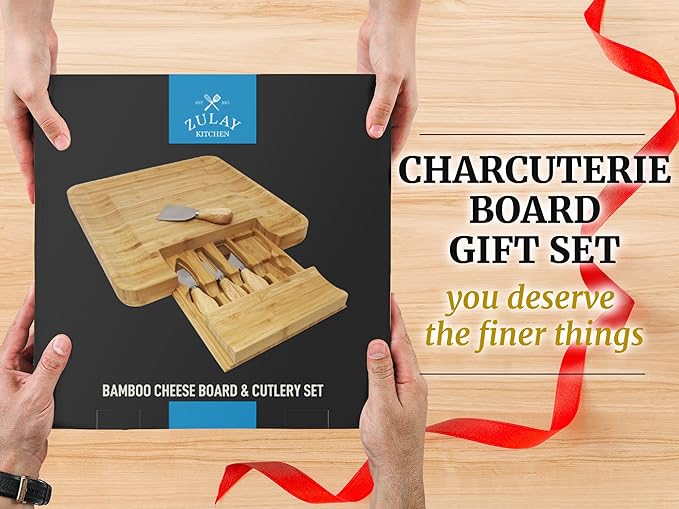 Zulay Kitchen Premium Bamboo Cheese Board Set - Extra Thick Bamboo Charcuterie Board Set with 4 Piece Knife Set - Wooden Cheese Board, Perfect for Charcuterie, Wine & Cheese - Charcuterie Gift Set