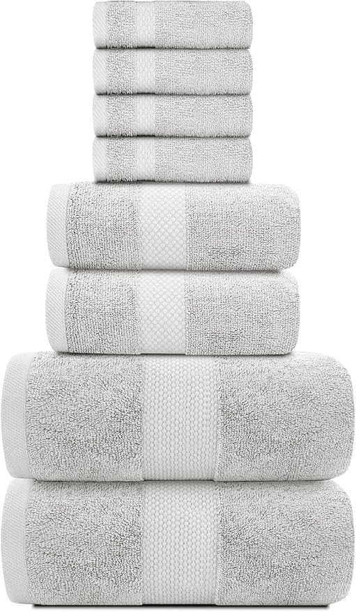White Classic Luxury Bath Towel Set of 8 Pieces - 100% Turkish Cotton Highly Absorbent Towels for Bathroom, 2 Luxury Bath Towels 700GSM, 2 Hand Towels, 4 Washcloths, Silver