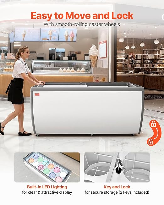 VEVOR Commercial Ice Cream Display Case, 20 Cu.ft Chest Freezer, Restaurant Gelato Dipping Cabinet Top Deep Freezer with Locking Casters, Sliding Glass Door, LED Lighting, Hold 12 Ice Cream Tubs