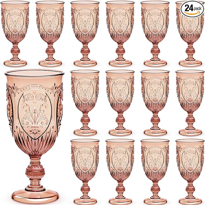24 Pcs Plastic Goblets 7.5oz Vintage Goblet Plastic Wine Glasses Colored Retro Embossed Water Goblets for Wine Bar Juice Baby Shower Wedding Reception Grand Event Party (Rose Gold)