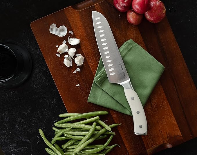 DURA LIVING 7-Inch Santoku Knife – Ultra-Sharp German High Carbon Stainless Steel, Full Tang, Ergonomic Handle, Multipurpose Kitchen Knife for Chopping, Slicing, and Dicing, Cream