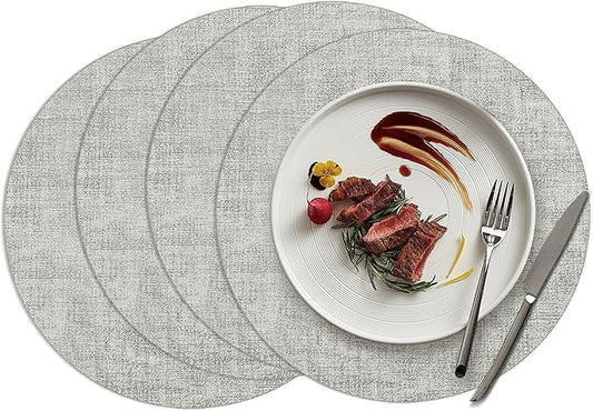 15 inch Faux Leather Round Placemats Set of 4 Non-Slip Washable Wipeable Table Mats, Heat Resistant Waterproof Oilproof Place Mats for Kitchen, Dining, Party, Indoor, Outdoor Beige