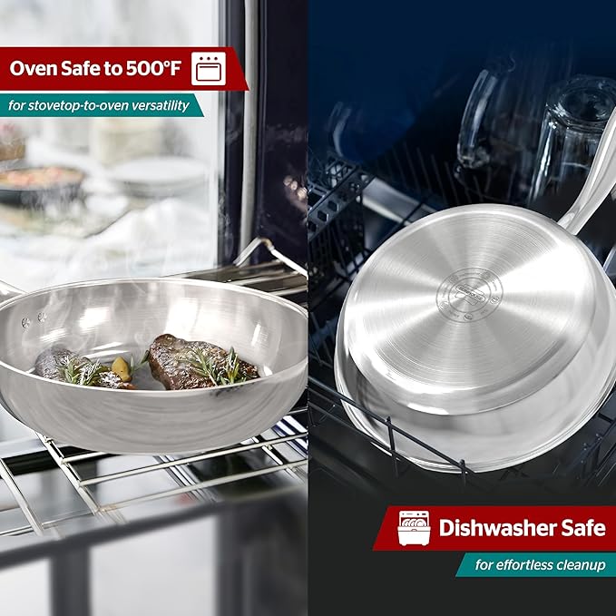 Sunhouse – 10 Inch / 26 cm Stainless Steel Frying Pan, Tri-Ply Stainless Steel Construction, PFOA-FREE, Stay-Cool Handle, Induction Compatible with All Cooktops, Dishwasher Safe