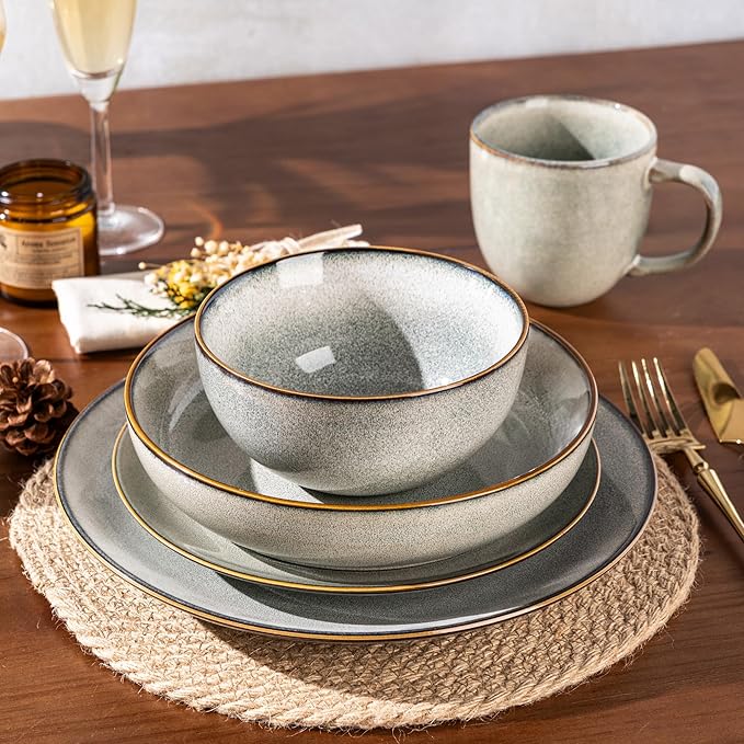 GBHOME Ceramic Dinnerware Sets for 4, 12 Pieces Stoneware Plates and Bowls Sets, Reactive Glaze Dishes -Scratch Resistant, Dishwasher&Microwave Safe