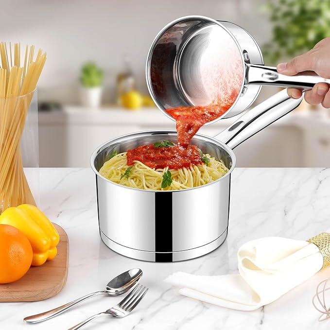 LIANYU Stainless Steel Saucepan Set, 1QT & 3QT Sauce Pan with Lid, Multipurpose Cooking Pot Set, Triply Bottom Milk Sauce Pan for Home Kitchen, All Stove Compatible, Dishwasher Safe