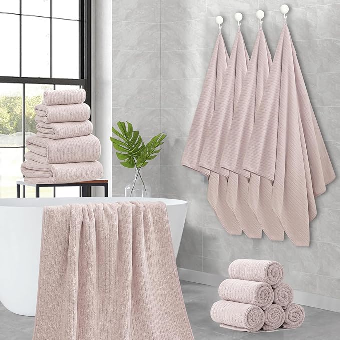 18 Piece Family Bath Towel Set Include 6 Bath Towels,6 Hand Towels and 6 Washcloths Soft Bathroom Towel with Hanging Loops,Highly Absorbent Quick Dry Towels Set for Bathroom,Hotel and Spa-Light Purple