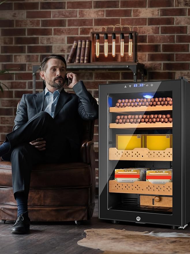 Electric Cooler Cabinet Desktop Cabinet 70L with Professional Temperature and Humidity Digit Control System Spanish Wood Shelves 400 Capacity for Home Office Gift