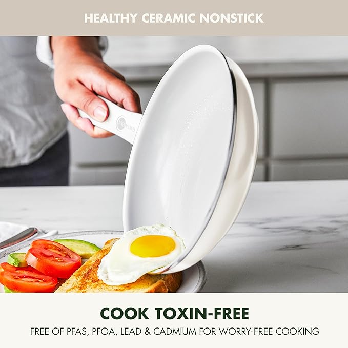 GreenPan Dover Healthy Ceramic Nonstick, 12 Piece Cookware Pots and Pans Set, PFAS-Free, Dishwasher Safe, Comfort Grip Handle, Cream White